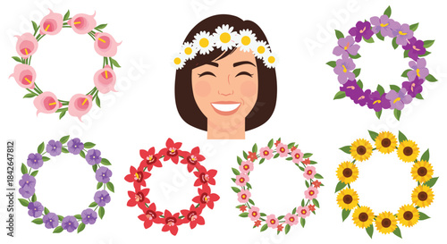 A versatile set for creating portraits with a smiling woman's face and a variety of beautiful floral wreath crowns to add.