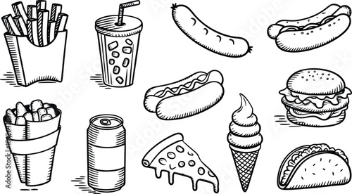 Hand Drawn Fast Food Set Sketch Style Junk Food Icons Including Burger, Pizza, Fries, and Taco Vector illustration