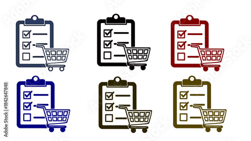Set of six icons depicting clipboards with checklists and shopping carts, presented in various color variations for diverse applications