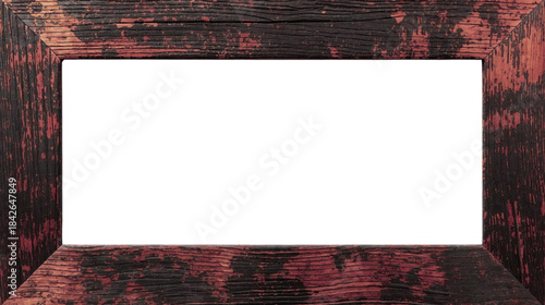 Red grunge texture frame on vintage patterned wallpaper with an empty, dark wood border