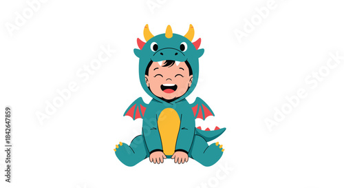 An incredibly happy baby sits on the floor, laughing with pure joy while wearing a cute green and yellow dragon costume.