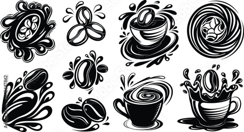 Coffee splash, cup and beans silhouette vector icon set