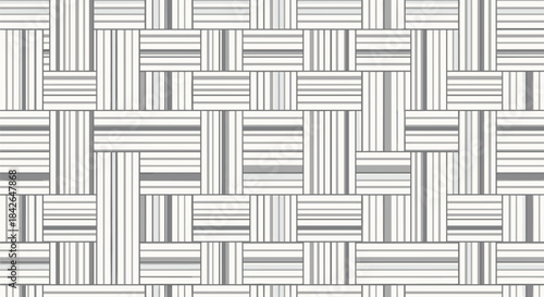 A modern seamless geometric background pattern with a basket weave design using light gray and white intersecting stripes.