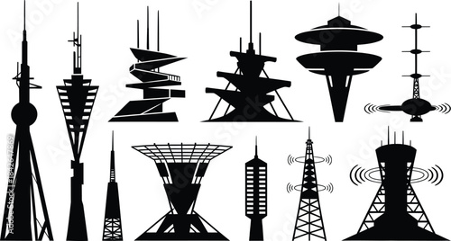 Futuristic Communication Towers, Antennas, and Sci-Fi Building Silhouettes Vector Set
