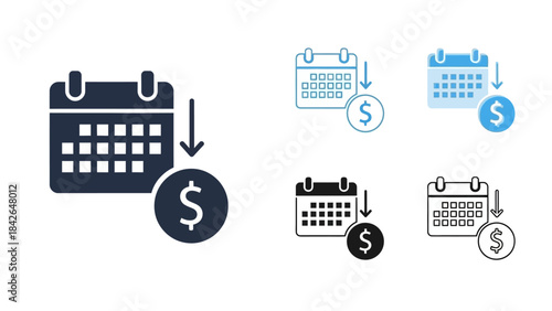 Calendar icon with dollar symbol and down arrow indicating financial savings or budget reduction