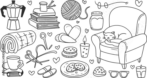 Cozy Home Doodle Vector Set, Hand Drawn Hygge Elements with Cat, Books, Coffee, and Knitting