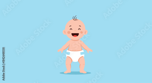 A happy and adorable cartoon baby wearing only a diaper stands up and smiles with a cheerful expression on a blue background.