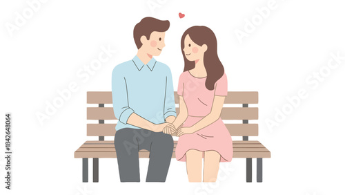 Eternal Affection: A couple, lost in a moment of pure tenderness, gaze into each other's eyes, hand in hand, sitting on a bench, symbolizing a budding romance.