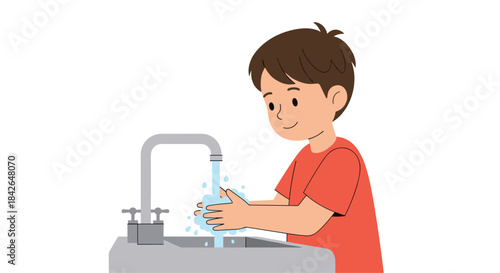 A responsible young boy is carefully washing his hands with foaming soap under running water from a modern sink faucet.