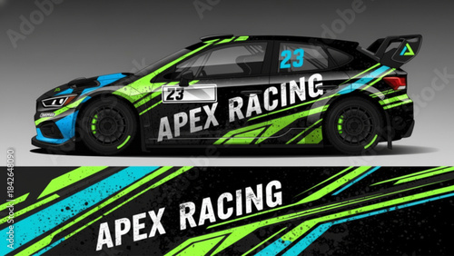 Dynamic racing car with vibrant green and blue geometric livery and 'APEX RACING' branding.