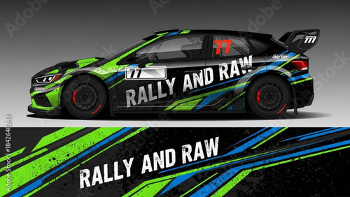 Side view of a black rally car with a vibrant green and blue abstract geometric racing livery design, featuring the text 'RALLY AND RAW'.