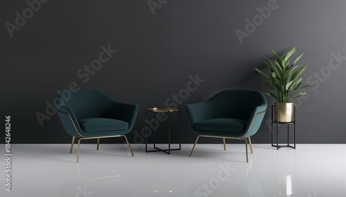 Modern minimalist interior with dark teal armchairs, a metallic gold side table, a green indoor plant in a gold pot, and a glossy white floor, creating an elegant, balanced, and sophisticated design.