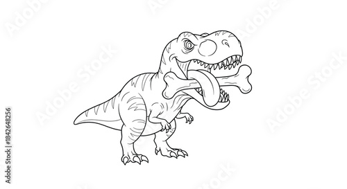 A powerful Tyrannosaurus Rex dinosaur has a giant bone clamped in its mighty jaws, shown in a black and white coloring page.