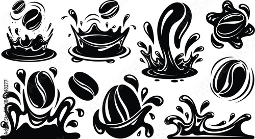 Coffee splash, cup and beans silhouette vector icon set