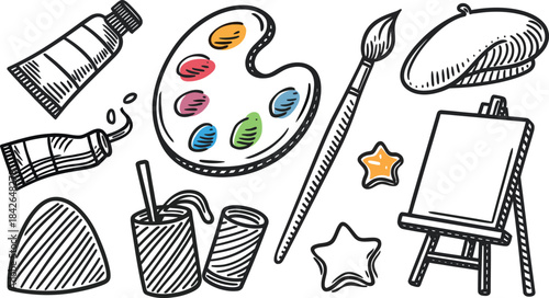 Hand Drawn Art Supplies and Painting Tool Set, Vector Illustration