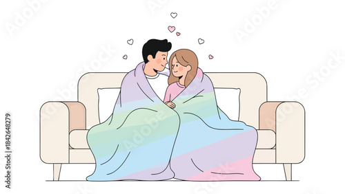 Intimate Embrace on the Sofa: A tender moment of connection as a couple shares a warm blanket and gazes into each other's eyes, hearts floating above their heads.