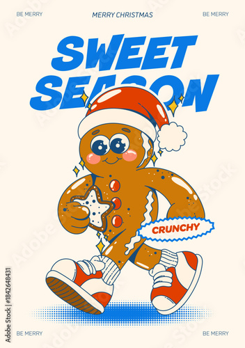 Retro Christmas illustration with cute cartoon gingerbread man mascot in vintage holiday style