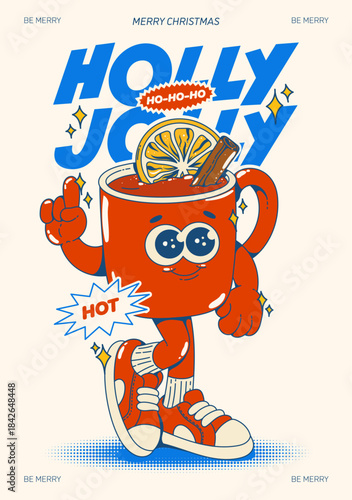 Retro Christmas illustration with cute cartoon hot drink mug mascot in festive vintage style