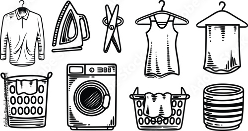 Hand drawn laundry equipment set with washing machine iron and basket doodle vector illustration