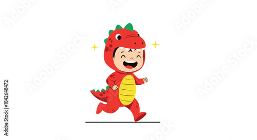 A cheerful and energetic child wearing a bright red dinosaur costume runs with a huge, happy smile, ready for fun and play.