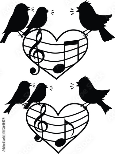 Love birds silhouettes on heart shaped music staff, romantic singing concept set