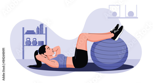 A flat design illustration of a woman doing crunches with her legs on a fitness ball as part of her home workout routine.