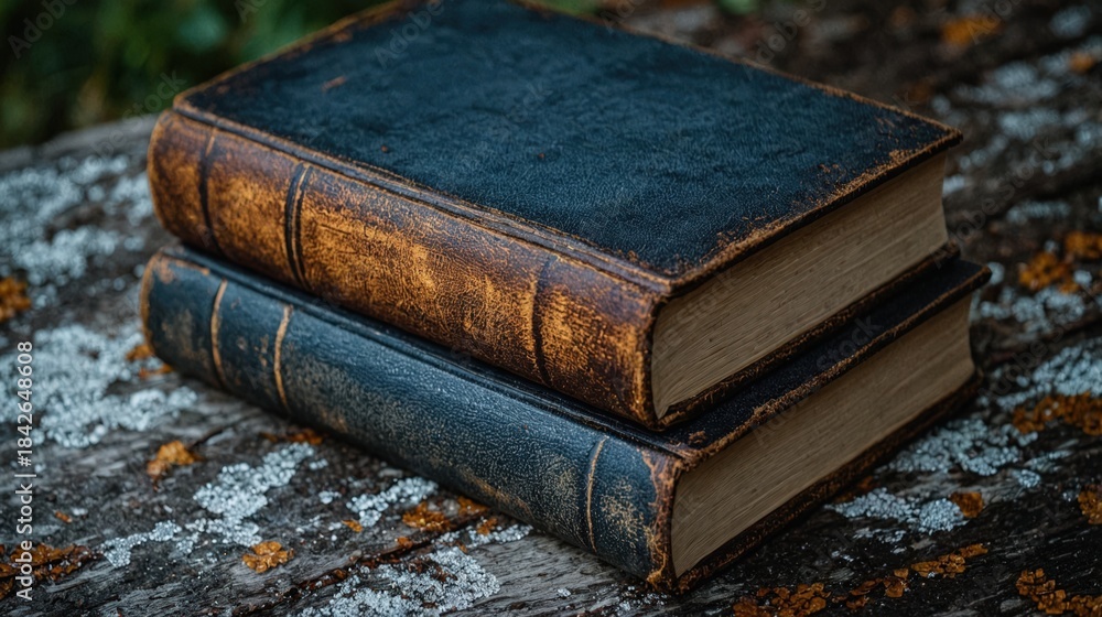 Obraz premium Two stacked vintage leather-bound books rest on a mossy, leaf-covered wooden table. Use: travel blog hero image, literary magazine cover.