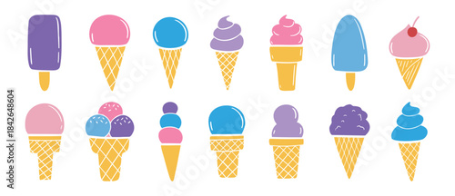 cute ice cream various set. Hand drawn cartoon ice cream colored trendy collection. ice cream clipart illustration