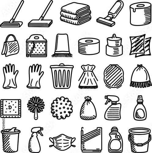 Hand drawn cleaning supplies set with mop bucket and spray bottle doodle vector illustration