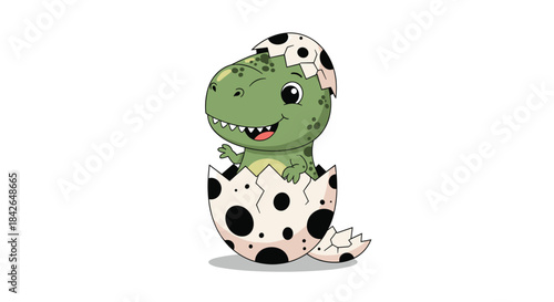 An adorable baby T-Rex dinosaur with a happy smile waves a friendly hello while hatching from a large, spotted white egg.