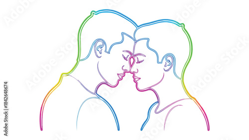 Love's Embrace: An artistic rendering of two figures coming together in an intimate embrace, their silhouettes outlined in a spectrum of vibrant colors, symbolizing unity, acceptance and LGBTQ+ love.