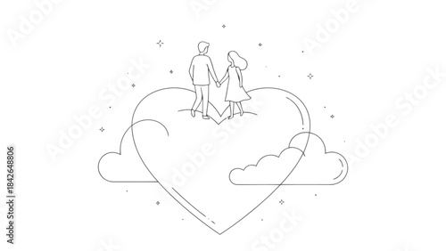 Love in the Clouds: A tender depiction of a couple standing hand-in-hand atop a heart-shaped cloud, symbolizing love and togetherness, floating in a serene sky.