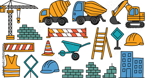 Hand Drawn Construction Equipment and Building Industry Icon Set, vector illustration