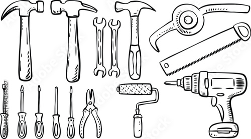 Hand drawn construction tool set with hammer drill and screwdriver doodle vector illustration