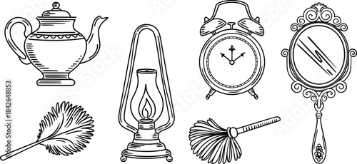 Hand drawn vintage household item set with teapot clock lamp and mirror doodle vector illustration