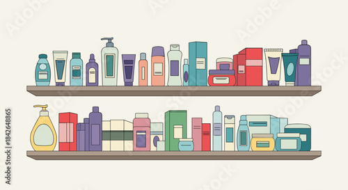 An illustration of two store shelves neatly stocked with a wide variety of colorful cosmetic and skincare product containers.
