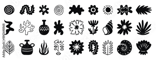 Boho Mediterranean set monochrome line art with soft motifs, hand drawn