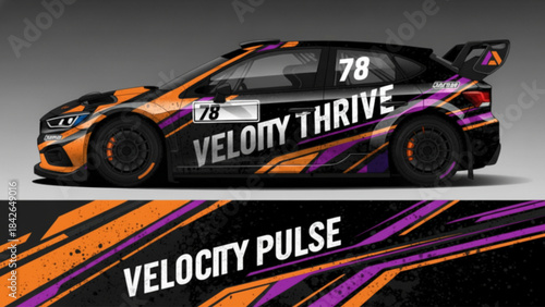 A black rally car with a dynamic orange and purple abstract graphic wrap, featuring racing number 78 and "VELOCITY THRIVE" branding, presented as a vehicle livery design.
