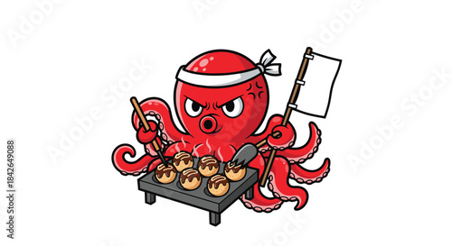 A fierce red octopus chef with a Japanese headband expertly cooks takoyaki, a popular street food, on a special grill.