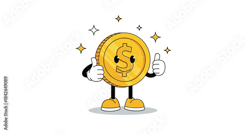 A sparkling gold dollar coin character in a retro cartoon style gives two enthusiastic thumbs-up with a confident expression.