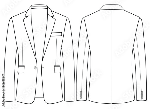 Notch Lapel Single Breasted One button Vector Men’s Stylish Coat Technical Drawing