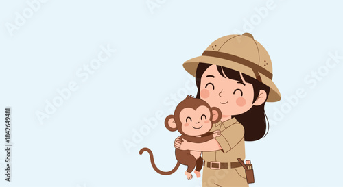 A kind and caring female zookeeper in a safari outfit smiles as she gently cuddles a small, adorable baby monkey.