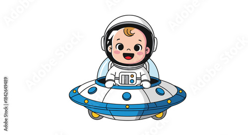 A joyful cartoon baby astronaut in a full spacesuit and helmet smiles widely while piloting a personal UFO-style spaceship.