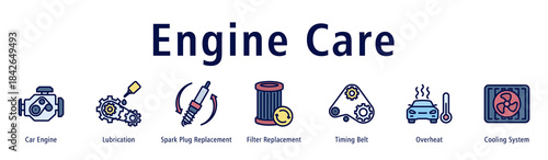 Engine Care web banner icon vector illustration with icons of Car Engine, Lubrication, Spark Plug Replacement, Filter Replacement, Timing Belt, Overheat and Cooling System.