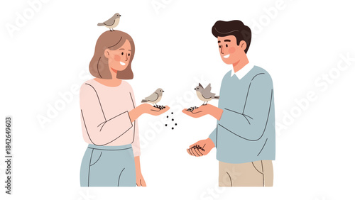 Bird Feeding Harmony: A tender moment unfolds as a couple shares a heartwarming connection, gently feeding charming birds in a tranquil scene.