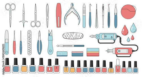 A comprehensive collection of professional manicure and pedicure tools and equipment in a clean colorful outline style.