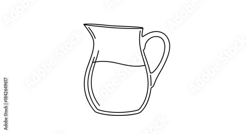 A simple black and white line art drawing of a glass pitcher or jug half full with water or another clear liquid.