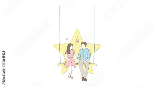 Love's Serenade: A tender couple sits together on a star-shaped swing, their hands clasped in a gesture of affection. This minimalist illustration conveys the depth of their connection.