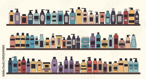 A detailed illustration of three store shelves fully stocked with a diverse array of colorful cosmetic and skincare products.