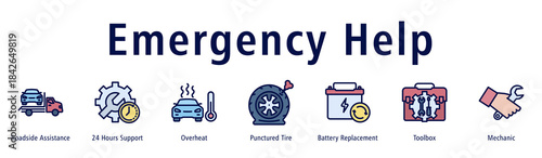 Emergency Help web banner icon vector illustration with icons of Roadside Assistance, 24 Hours Support, Overheat, Punctured Tire, Battery Replacement, Toolbox and Mechanic.